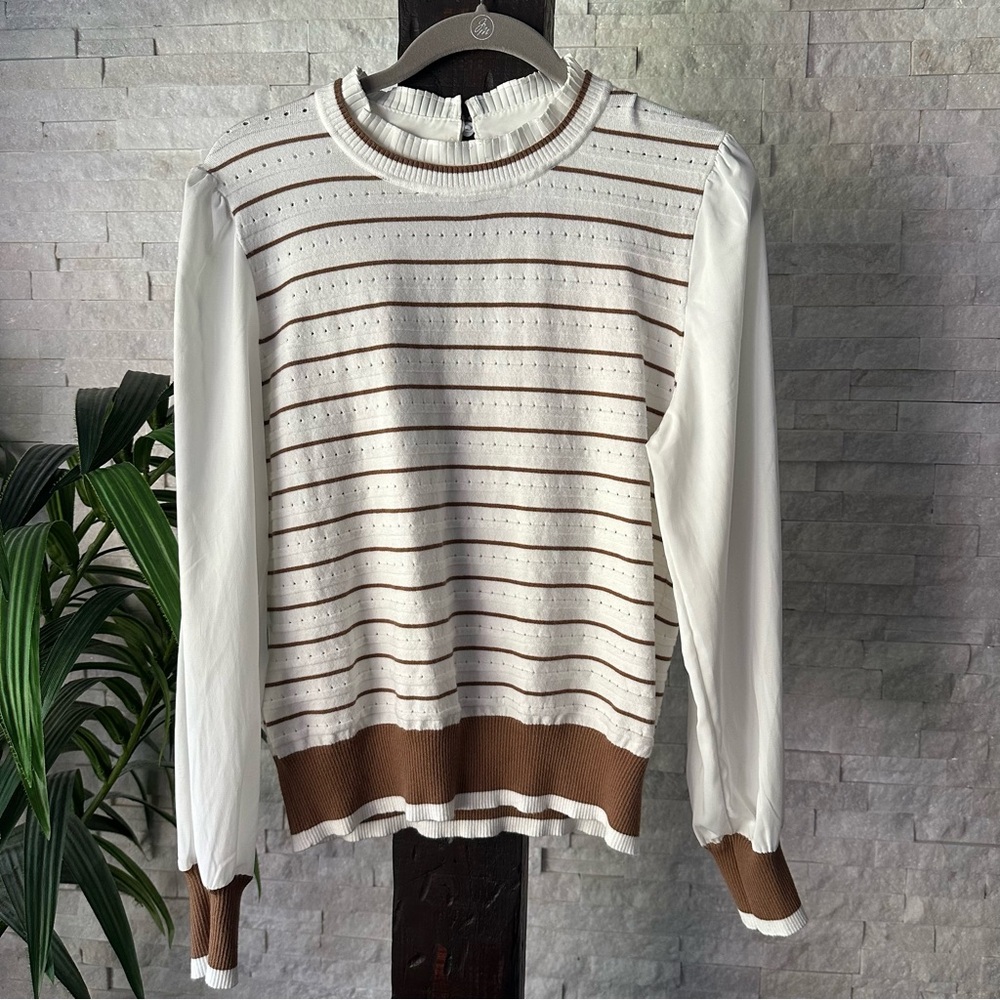 Sioni Cream Ivory and Brown Striped Women's Sweater Blouse Size L